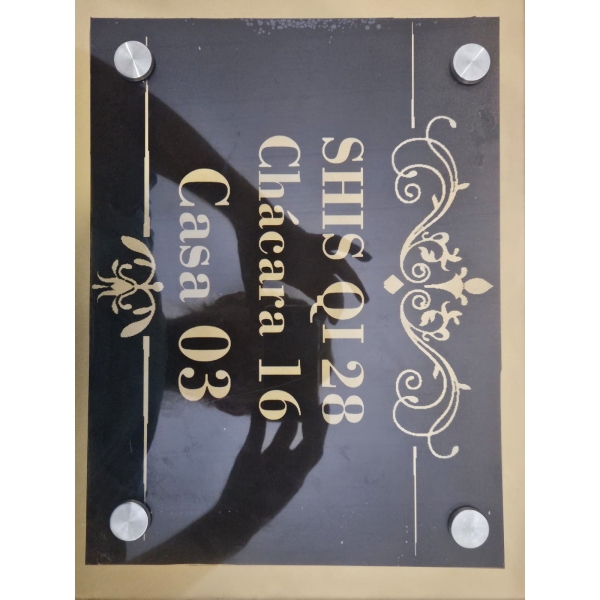 Placa De Endereço Em Vidro Preto/ouro 20x30cm 